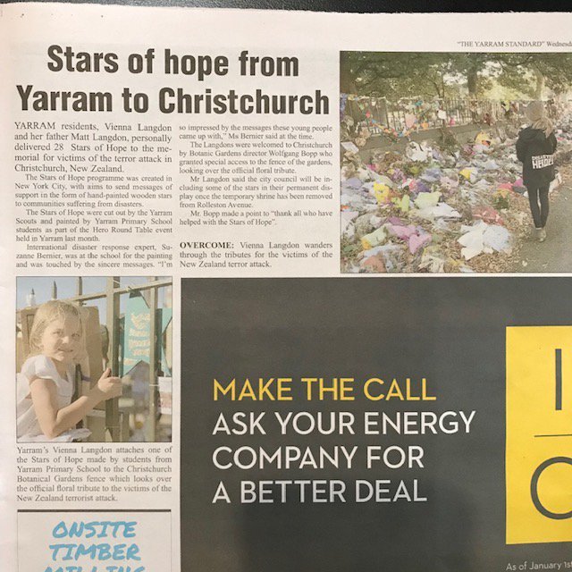 starsofhopeusa's tweet photo. Stars of HOPE is in the newspaper in Yarram, Australia,
We love that Vienna and her dad brought Stars created by the 3rd and 4th-grade students from Yarram Primary School to Christchurch NZ. #kidsareamazing #HeroRoundtable https://t.co/BbkM2SL3q4