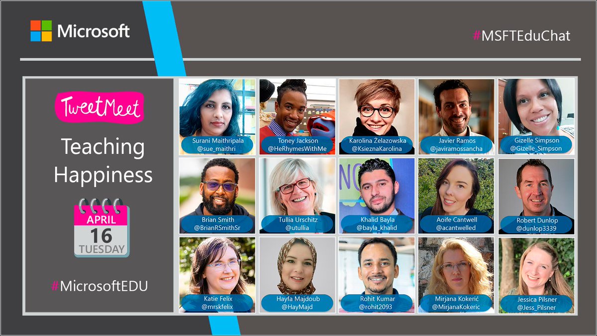 Gizelle_Simpson's tweet photo. Join me and my fellow co-hosts as we discuss #TeachingHappiness what does it mean to you? April 16th! Calendar it in #MSFTEduChat #MicrosoftEdu #MIEExpert https://t.co/B8tv2IXy0C