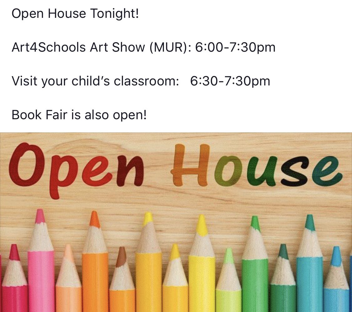 LandelsPta's tweet photo. Open House is tonight! Don’t forget to visit your students art and the Book Fair in the MUR!                   Thanks MVEF @MVEdFound for bringing Art to Landels! #landelspta @mvwschools https://t.co/5vrhjyTuTp