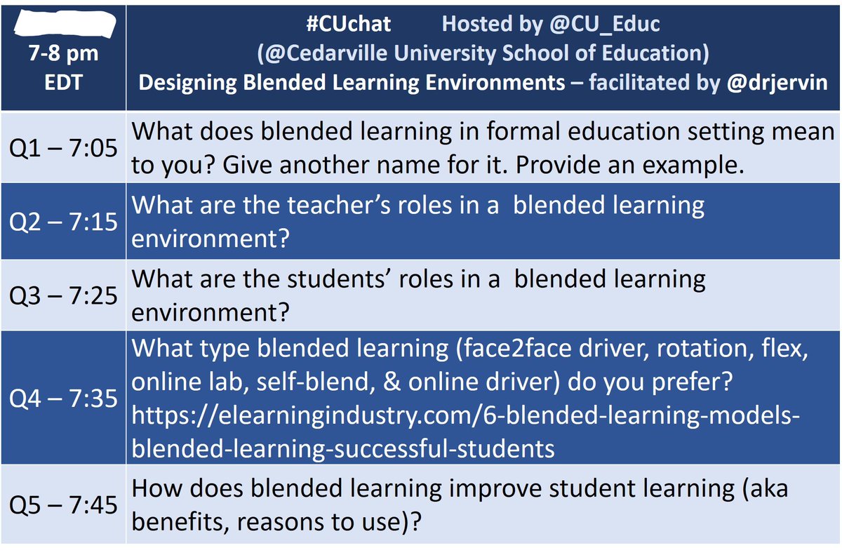 CU_Educ's tweet image. #CUchat on Designing  #blendedlearning Environments by @drjervin starts at 7 pm EDT Here are the questions for tonight’s #education conversations
