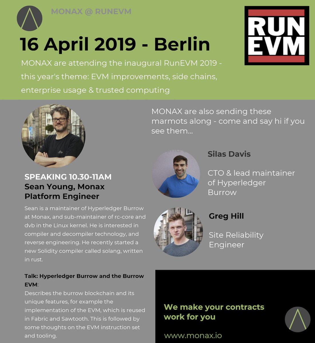 aspenft's tweet photo. 3 marmots land in #Berlin next Tues for the inaugural #RunEVM💻
Platform Engr @iamseanyoung will be presenting on #HyperledgerBurrow...our friendly CTO @silas_davis & SRE @gregorydhill will also be there to chat about what they've been building at @monaxHQ #BUIDL #yearofthemarmot https://t.co/hQE1AfBKsw