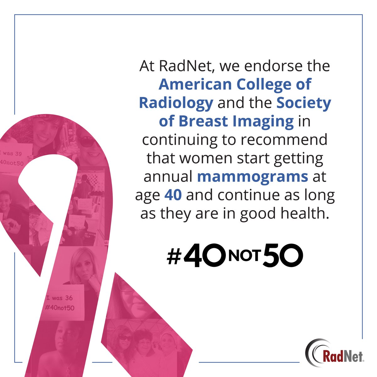 Annual mammograms should begin at age 40. #40not50

@BreastImaging @RadiologyACR @40not50 #EndTheConfusion 
#RadNet #BreastCancer