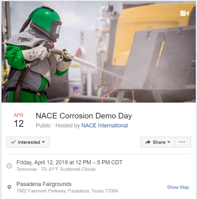 NACEtweet's tweet photo. HOUSTON AREA: See you tomorrow at the Pasadena Fairgrounds! The NACE Corrosion Demo Day event is FREE and walk-up registrations are accepted. 

https://t.co/iOsNq0ebcg https://t.co/s43JiXZ42b