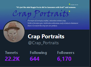 Crap_Portraits's tweet photo. Only another 3830 followers till I hit 10k.
Should be any¹ day now.
¹ ish https://t.co/oV8MXvVCi2