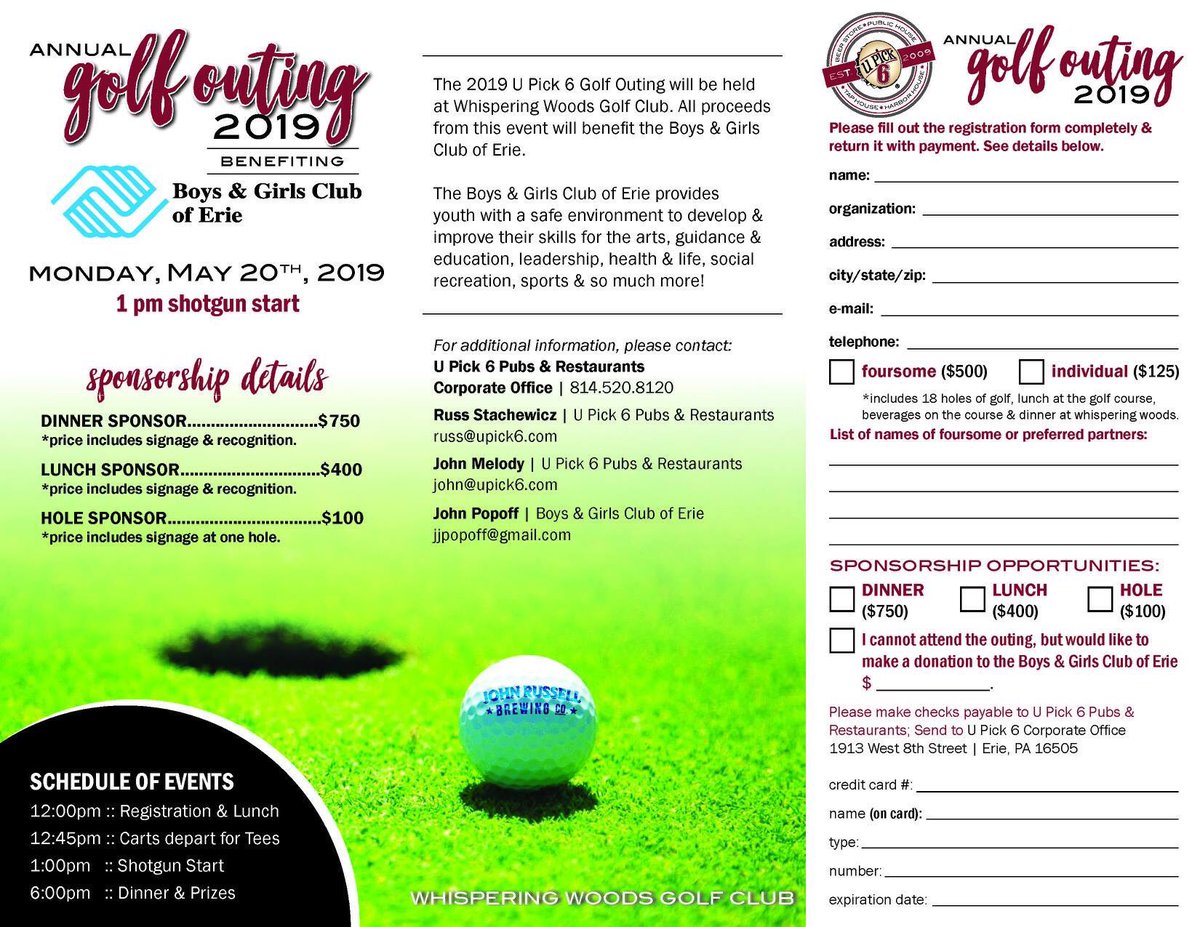 ⛳️⛳️⛳️
Join us for our Annual Golf Outing at Whispering Woods Golf Club to benefit the Boys &amp; Girls Club of Erie! This is a special year for us as we celebrate 10 years in business! 
⛳️⛳️⛳️
sign up at any U Pick 6 pub or download the brochure at upick6.com/info