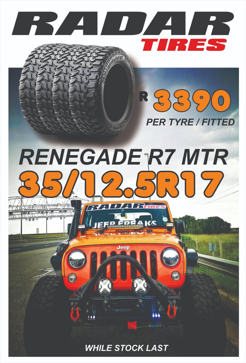 jeepfreaksSA's tweet photo. Aggressive Muds on Special!!! 
#RADARTIRES #radarrenegader7 #jeepmuds #jeepfreaks #jeepfreakssa https://t.co/OYcKdBHD93