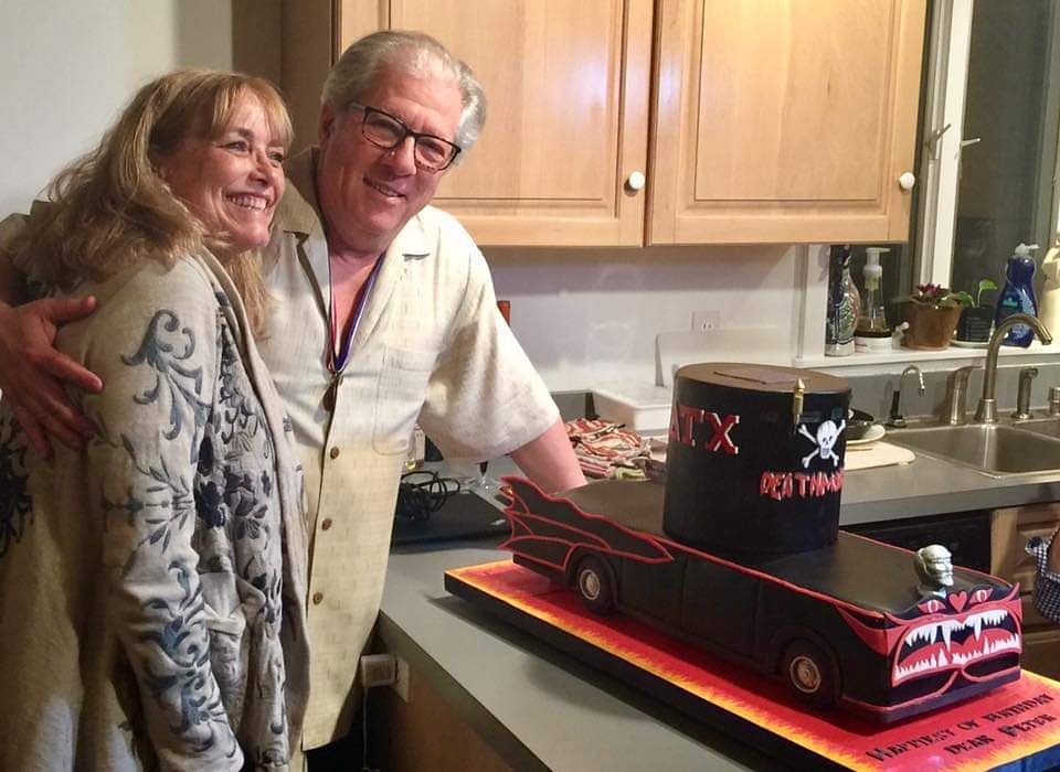 Happy Birthday
 PETER RIEGERT..Here with Karen Allen and Death Mobile extraordinary cake by Cornelia Read 