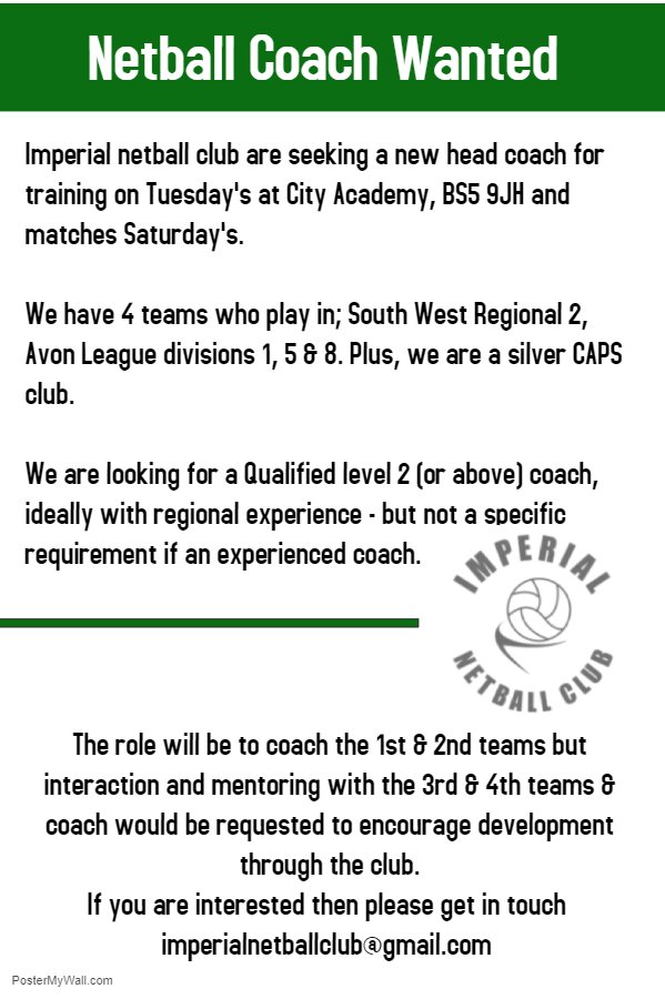 <a href="/ImperialNetball/">ImperialNetballClub</a> are recruiting a new coach, please get in touch if you would like more information :)