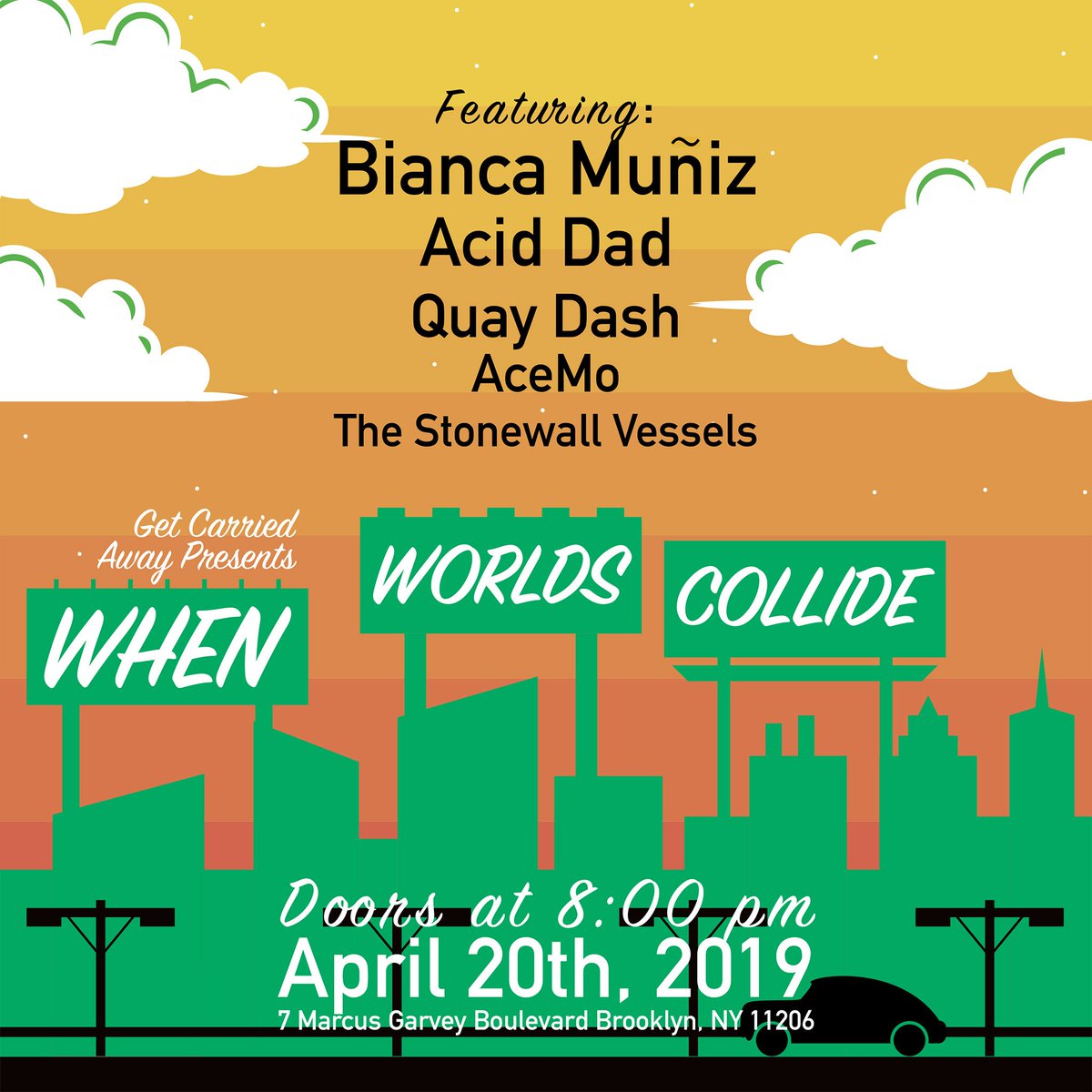 Check out this badass female/LGBTQ/POC lineup! 😎

Get your tix now for Get Carried Away Events's “When Worlds Collide” - the 4/20 event of the year. Visit getcarriedawaymusic.com for more info.