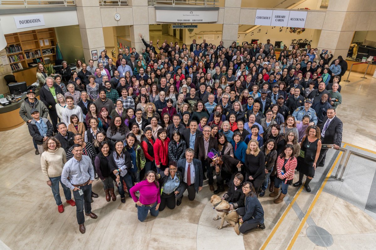 SFPublicLibrary's tweet photo. It's #NationalLibraryWeek & we want to thank all our creative, dedicated & hard working staff. They make our library shine 🌞📚❤️📚🌞serving you every day of the week. #LibrariesDeliverDemocracy #LibrariesTransform #LifeLibertyLibraries #MyLibraryMyStory https://t.co/atSg1IRAsw