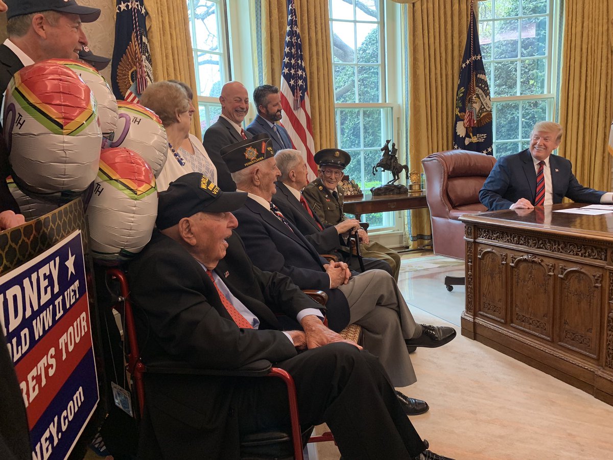 These incredible World War II Veterans came to the <a href="/WhiteHouse/">The White House</a> today and met with <a href="/POTUS/">President Donald J. Trump</a> in the Oval Office. They are selfless, brave, and a timeless beacon of hope and good in the world - the true embodiment of American exceptionalism. We thank you for all you’ve done!