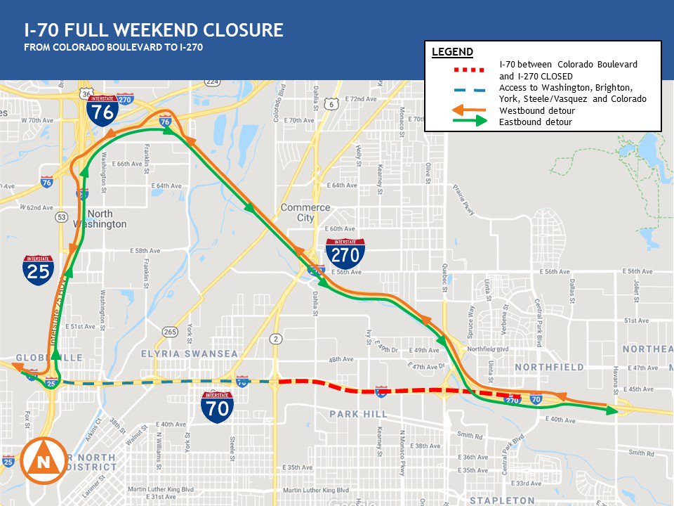 ColoradoDOT's tweet image. EB &amp;amp; WB I-70 b/w Colorado Blvd &amp;amp; I-270 will CLOSE TOMORROW, April 12, at 10 p.m. &amp;amp; reopen Mon., April 15 at 5 a.m. Crews will be setting bridge beams on the new I-270 flyover structure and installing drainage across I-70 at several locations. Learn more at c70.codot.gov