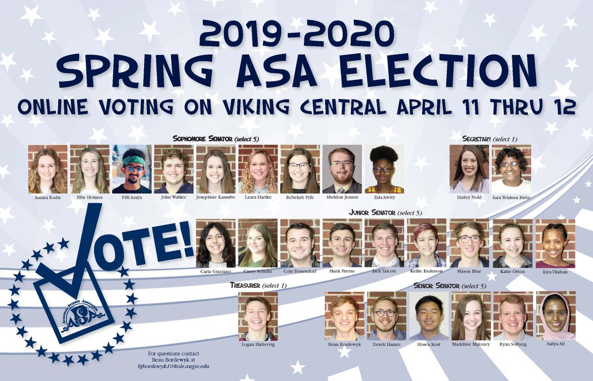 AugieStudAssoc's tweet photo. Augie Students, use your voice! Vote for next year's treasurer, secretary and senator positions on Viking Central! #YourASA
Vote here: https://t.co/nFTWi52BEK https://t.co/rUFJkyGo6o