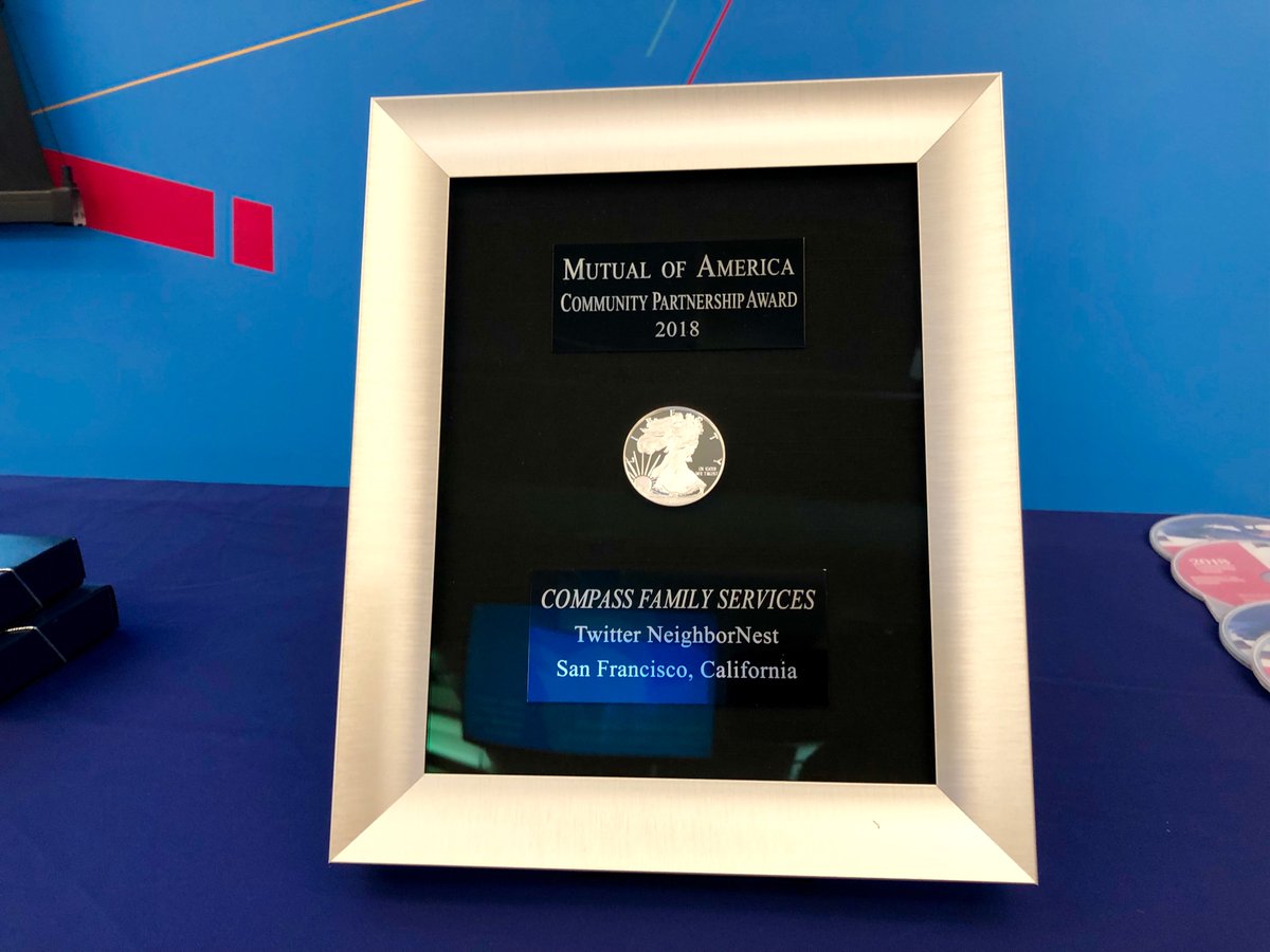 biz's tweet photo. So proud of @compasssf and @neighbornest. Thank you, @mutualofamerica for honoring us with your 2018 Community Partnership Award. It's important that all companies positively engage with their community no matter what—but it's also fun to win a shiny prize! https://t.co/EEBWZvrqcj
