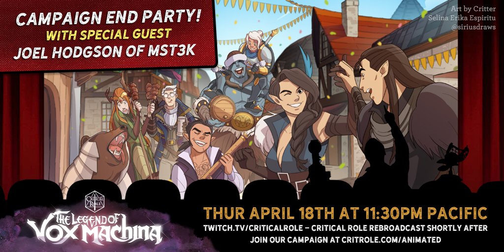 CriticalRole's tweet image. HYPE: Don't miss our Kickstarter Campaign Close Party with @JoelGHodgson of @MST3K! Live Thursday, April 18th at 11:30pm Pacific on twitch.tv/criticalrole!

critrole.com/hype-kickstart…

Vox Machina art by @siriusdraws