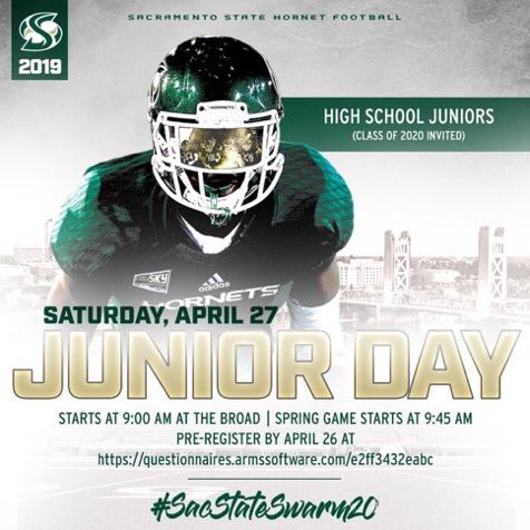 Thanks <a href="/CoachCherokee/">Cherokee Valeria</a> for the Junior Day invite! Go Hornets! #SacStateSwarm20