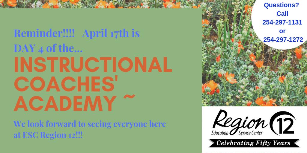 YvonneWilliams_'s tweet photo. Instructional Coaches participating in the @Region12 Instructional Coaches' Academy, you won't want to miss our FINAL day of learning &amp; collaboration for the 2018-2019 school year!  This session is packed with critical tools for your toolkit! April 17th, 9:00 AM.  #R12edcoach https://t.co/8ZP1Rdt911