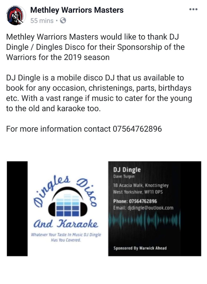 MethleyMasters's tweet photo. Dingles Disco Awesome Sponsorship for the Warriors in 2019 https://t.co/xRgPhy9vtF