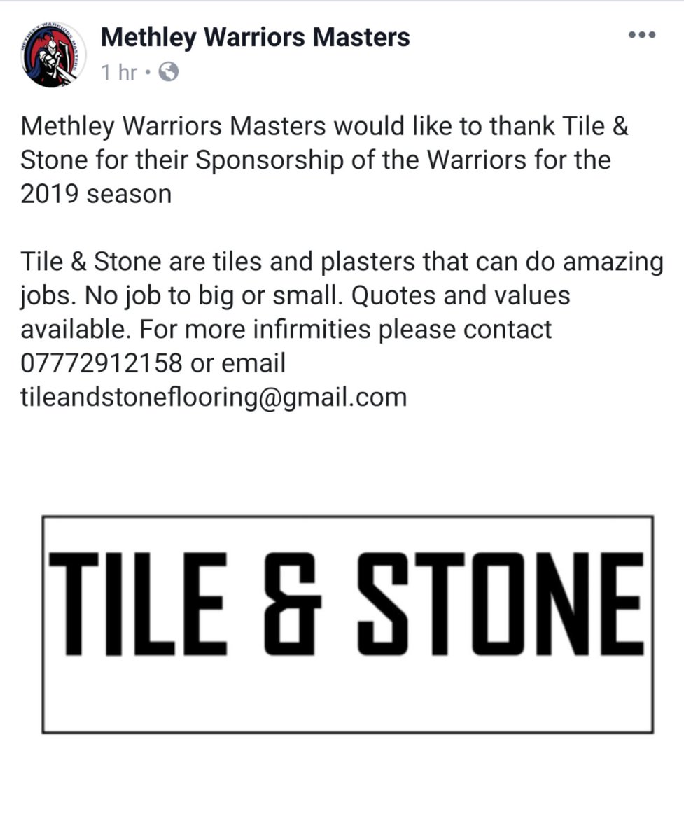 MethleyMasters's tweet photo. Tile &amp; Stone for all your plastering and tiling needs, new sponsorship for the warriors in 2019 https://t.co/jlJIajB6OC