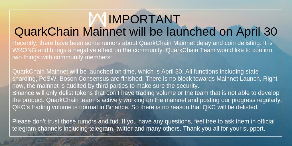Quark_Chain's tweet photo. 🚨IMPORTANT 🚨

QuarkChain Mainnet will be launched on April 30! https://t.co/kmBOHu3Ylv