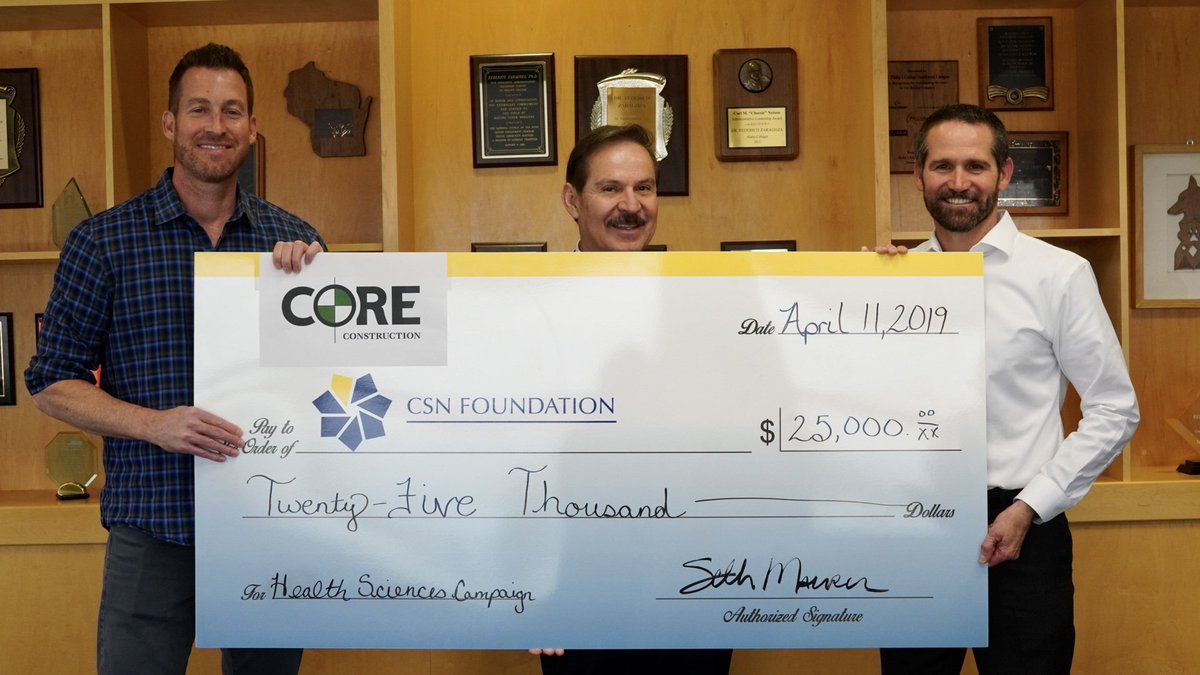CSNFoundation's tweet image. With much #gratitude @CSNPresident thanks @core1937 leaders Seth Maurer, @csnalumni &amp;amp; Foundation Board member, &amp;amp; Mark Hobaica for their $25,000 contribution.  Their support of Students First is leadership. Thank you!