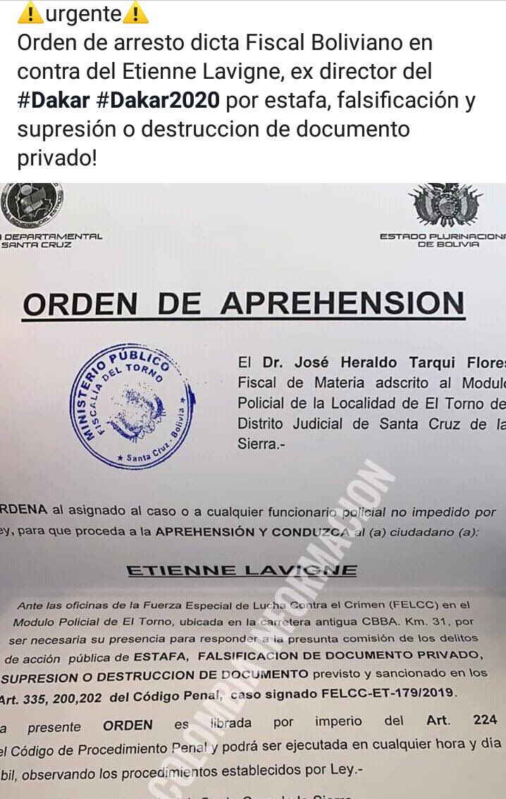 ⚠️urgente⚠️
Orden de arresto dicta Fiscal Boliviano en contra del Etienne Lavigne, ex director del #Dakar #Dakar2020 por estafa, falsificación y supresión o destruccion de documento privado!
