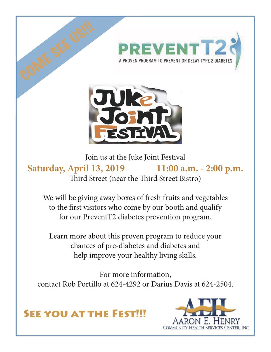 Join us at the Juke Joint Festival this weekend as we kick off our PreventT2 diabetes prevention program at AEH.  This small-town festival is always a tremendous draw for locals and tourists alike.  All of downtown Clarksdale will be buzzing with people having fun.  Join us!!!