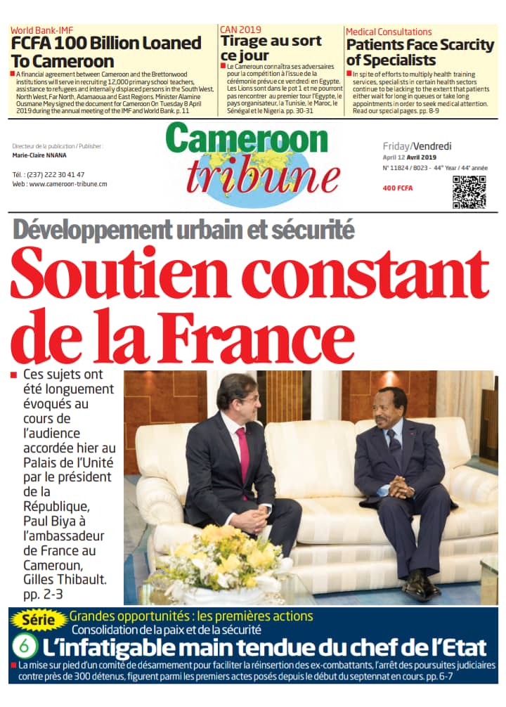 CamerounTribune's tweet photo. La #Une de Cameroon Tribune du 12 avril 2019 https://t.co/oSn5BCw5v3