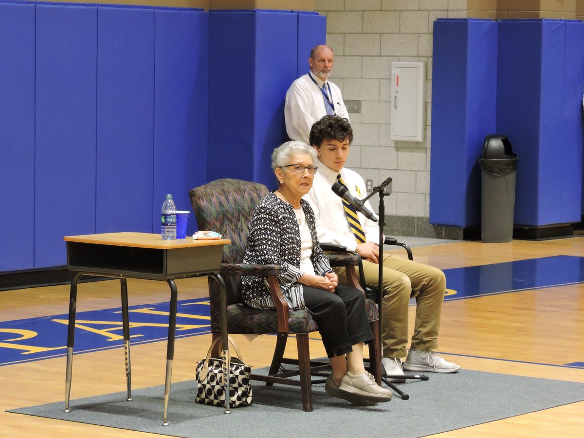 SPSWolfpack's tweet photo. Be kind.  That was the message Mrs. Anne Levy, a WWII Holocaust survivor, offered to @wolfnationsps today.  Mrs. Levy was invited to speak as part of Student Council Leadership Week.  We applaud Mrs. Levy, her strength, her faith, and her message. #RespectForAllPersons https://t.co/DErypXlPC8