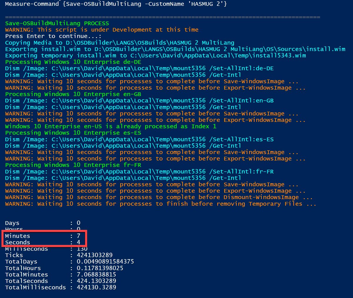 #Windows10 1809 Image (en-US) + 4 Language Packs (en-GB, de-DE, es-ES, fr-FR) converted to a 5 index WIM in 7 minutes

Perfect for deploying Windows 10 Upgrades in a Global Organization

osdbuilder.com/docs/guides/wi…