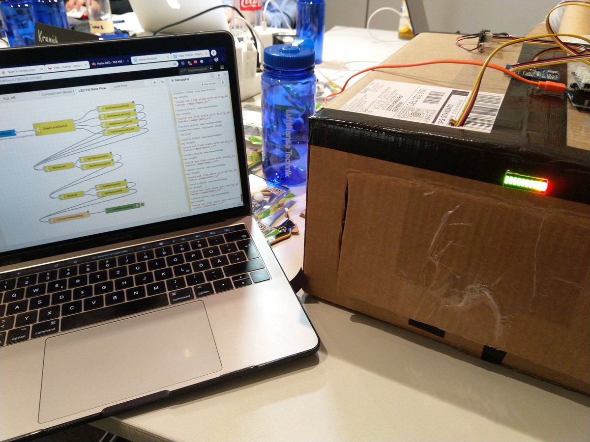 PixelJonas's tweet photo. Using @NodeRED @home_assistant and @esphome_ in our #aviationhackathon to Design thr Next baggage compartment for @Lufthansa_DE. #opensource makes it possible https://t.co/I1L4gtLCUr