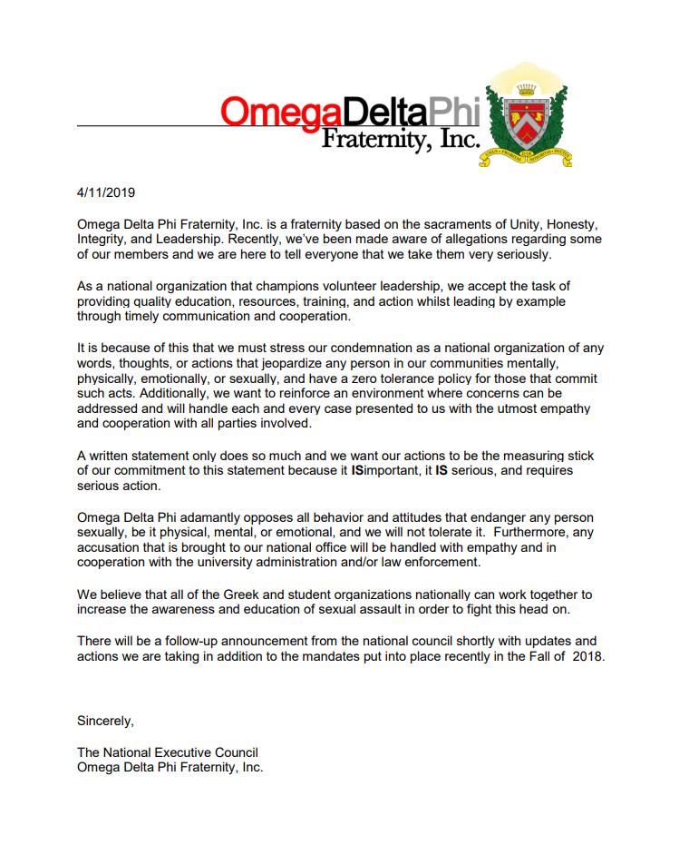 utd_odphi's tweet photo. As brothers of Omega Delta Phi, we recognize the need to be leaders within our communities and stand up to any and all behavior and attitudes that endanger any person. The following letter has been released by our national board in response to recent incidents. https://t.co/pkvhG3IZo5