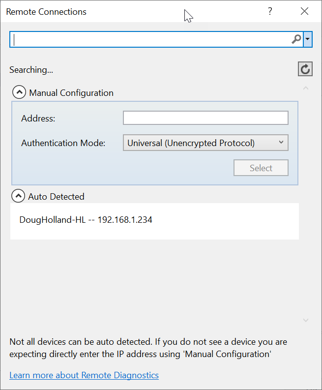 dougholland's tweet image. Visual Studio 2019 remote debugging tools now auto detect remote devices, such as the HoloLens on the network. #VisualStudio2019 #RemoteDebugging