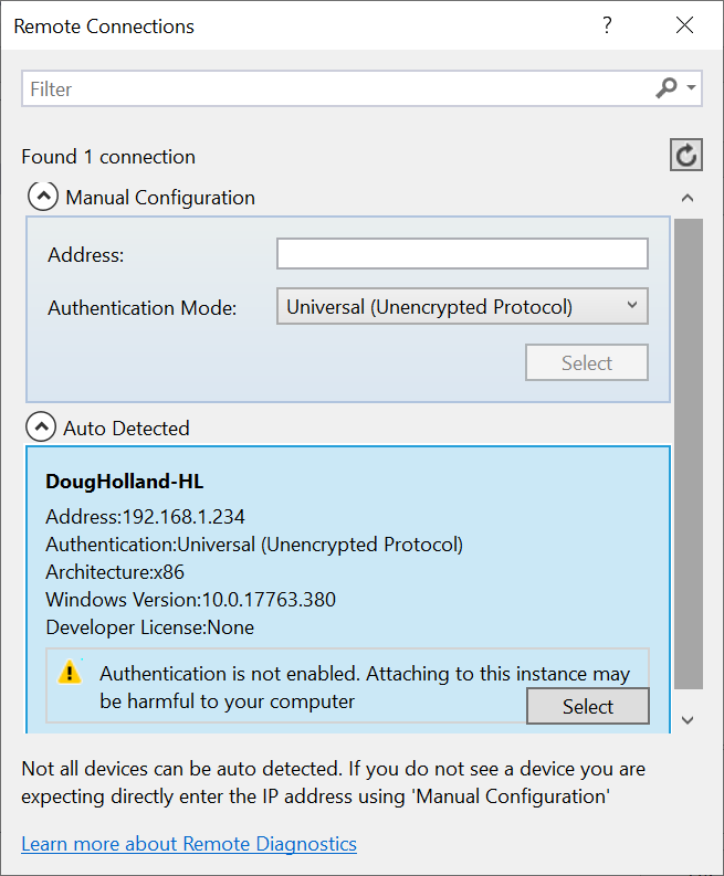 dougholland's tweet image. Visual Studio 2019 remote debugging tools now auto detect remote devices, such as the HoloLens on the network. #VisualStudio2019 #RemoteDebugging
