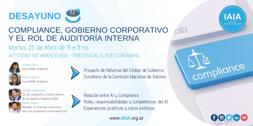 [DESAYUNO] ☕️

El Comité de Directores y Gerentes en Auditoría Interna del IAIA organiza el Desayuno de Trabajo: Compliance, Gobierno Corporativo y el rol de Auditoría Interna.

Act. no arancelada.
Presencial o por streaming.

Inscripción: bit.ly/2IsML94

#SoysocioIAIA