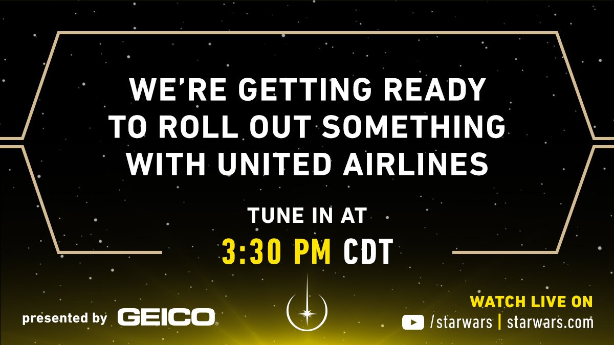 Star Wars (@starwars) on Twitter photo We’re getting ready to roll out something out of this galaxy with <a href="/united/">United Airlines</a> on the #StarWarsShow live stage at 3:30pm CDT tomorrow! Tune-in to youtube.com/starwars and StarWars.com. We’re getting ready to roll out something out of this galaxy with <a href="/united/">United Airlines</a> on the #StarWarsShow live stage at 3:30pm CDT tomorrow! Tune-in to youtube.com/starwars and StarWars.com.