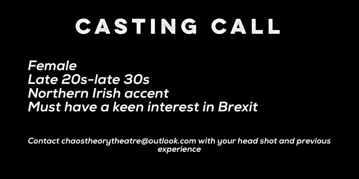 CoffeyHouseProd's tweet photo. A brand new play 🗣
Casting for our next production coming in June.
#castingcall #studioni #theatreni #artsni #brexit #brexitchaos #chaostheorytheatre #UK #Ireland https://t.co/pBGk9xJFFU