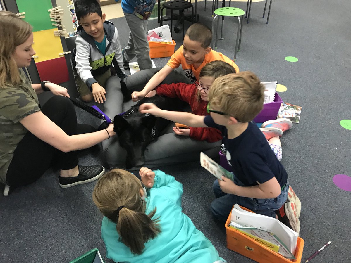 GoldsbyTeam's tweet photo. Our Puppy in Training Therapy Dog, Bruce, came to visit the class today! #Why305 #firstgraderocks #therapydog https://t.co/dK1y5HtO3x