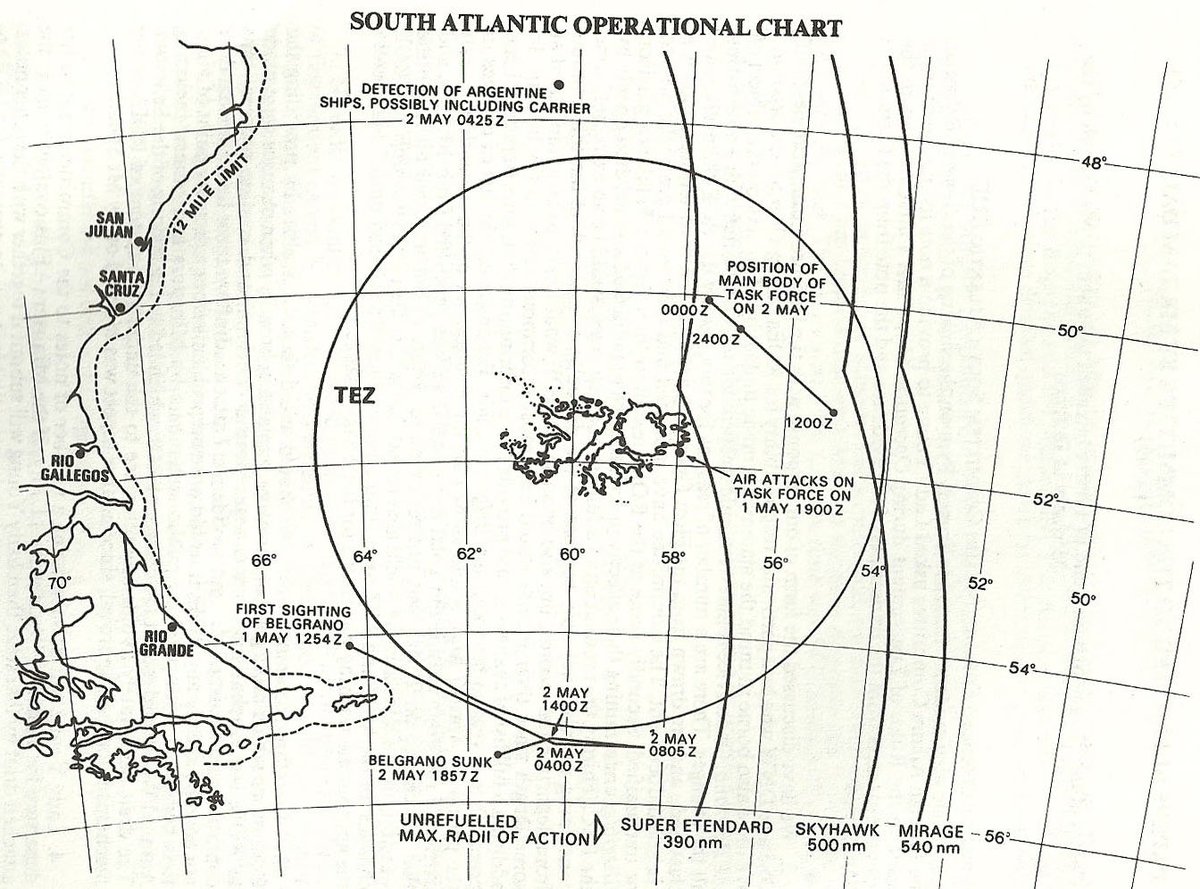 Quick word on the MEZ. Covered a circle of radius 200 nautical miles (370 km) from the centre of the Falkland Islands. The British government stated that all aircraft and vessels inside the zone "will be regarded as hostile and are liable to be dealt with accordingly".