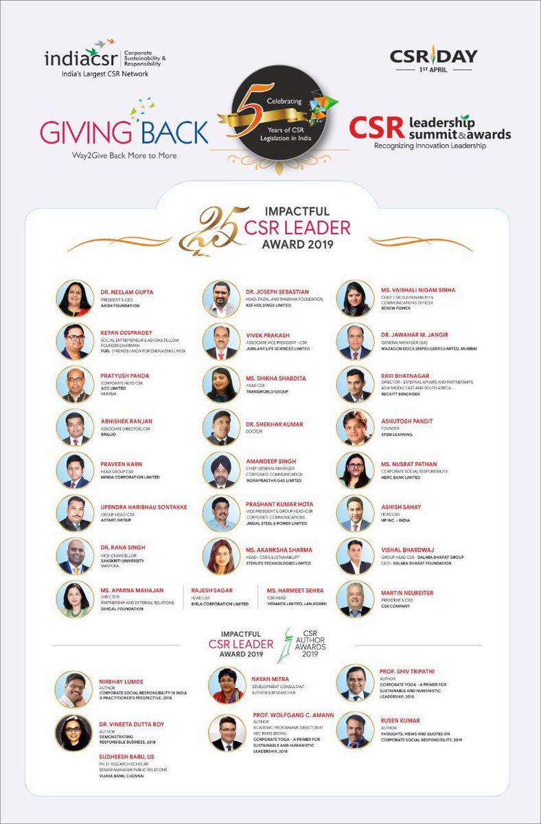 INDIACSR's tweet photo. India CSR congratulates top CSR Leaders of India who has been awarded as India’s top 25 CSR Impactful Leaders and CSR Impactful Authors for 2019 at the 5th Anniversary of India CSR Day, 1 April, New Delhi . Please join us in congratulating these leaders par excellence! https://t.co/MQGX6LYPiu