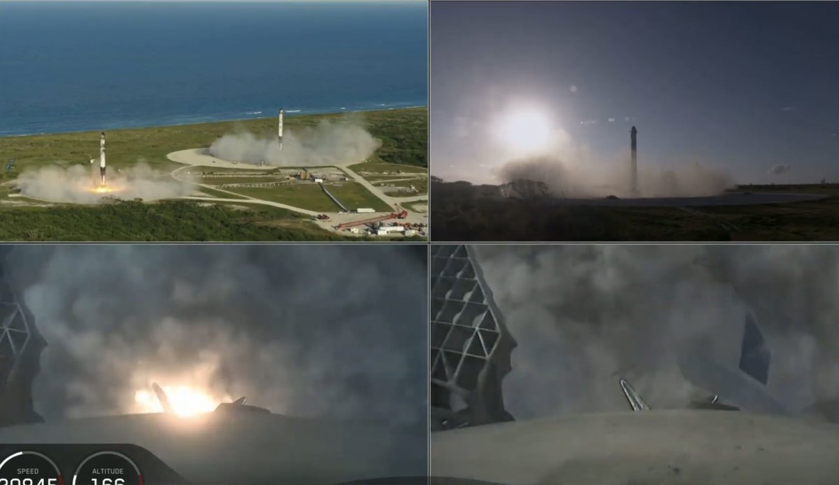 LanceUlanoff's tweet photo. Another dual landing! Or is that a “4-point landing?” #SpaceX #sideboosters #falconheavy #incredible https://t.co/vRrAgh69i6