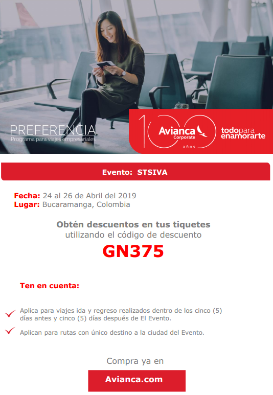 stsiva2019's tweet photo. ✈️ Acquire air tickets to attend STSIVA 2019 with a special discount.
🚩 Code: GN375
#Avianca  #STSIVA2019 #IEEEColombia #discount https://t.co/fHrHgWFQ6I