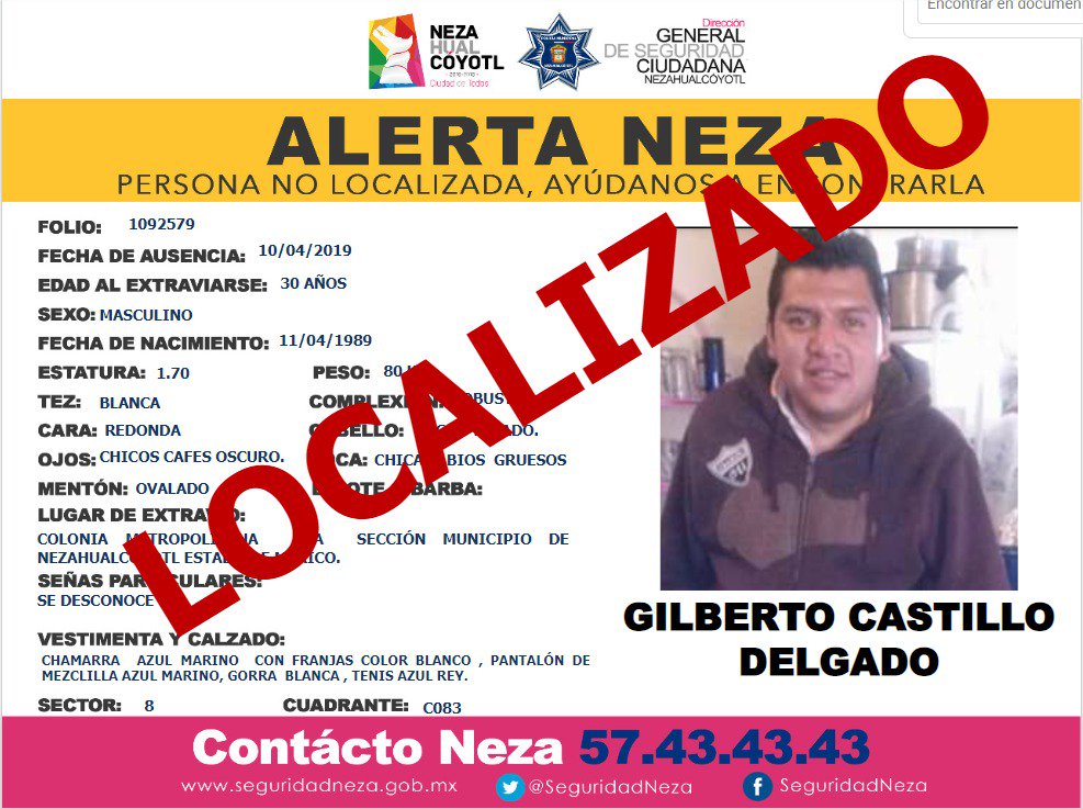 AlertaNeza's tweet photo. #Importante agradecemos el apoyo brindado #GilbertoCastillo ya fue #Localizado https://t.co/aZ3mjYvLls