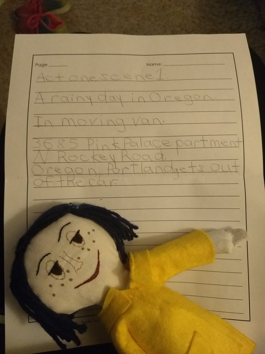 mama_nerdy's tweet photo. My daughter is a big fan, @neilhimself @LAIKAStudios, so she's starting her own Coraline (people) movie... she's making her own script! https://t.co/UhYOWGlg82