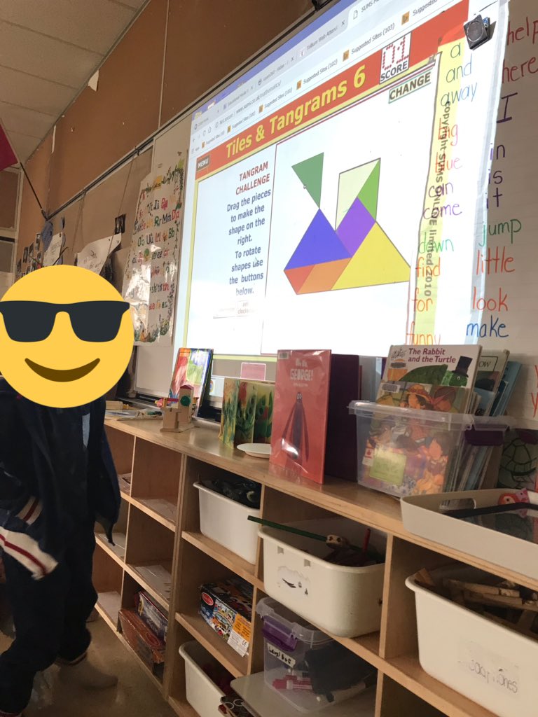 Mrsphillipskin1's tweet photo. We worked so hard as a class to try to figure out this tricky 7 piece tangram. The parallelogram gave us the most trouble because we could only rotate it and not reflect it! So much great math talk! #spatialsense #locationandmovement #kindermathtalk @OntarioPublic https://t.co/bcqX1ARzYW