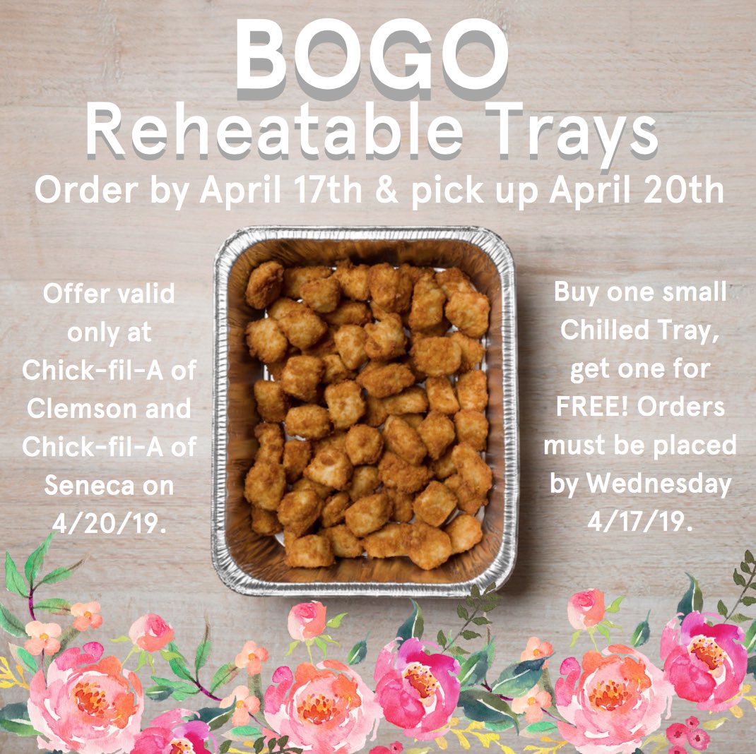 ClemsonCFA's tweet photo. Take all the work out of Easter Dinner with a Reheatable Tray! Offer is only available at Chick-fil-A of Clemson and Chick-fil-A of Seneca on orders with a pick up date of April 20, 2019. Call (864) 654-4655, use the Chick-fil-A App or visit https://t.co/Lt096SVo71 to preorder! https://t.co/mTKPfBVLsN