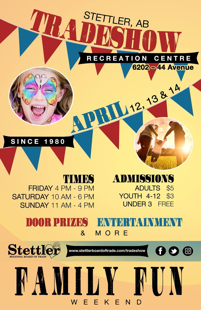 This weekend in the Heart of Alberta the <a href="/StettlerBOT/">StettlerBoardofTrade</a> is hosting the 2019 Stettler Trade Show &amp; Artisans Market. Come on down for a weekend of family fun! For a full list of vendors and entertainment schedules please visit stettlerboardoftrade.com/TradeShow

#ExploreStettler #StettlerTS19
