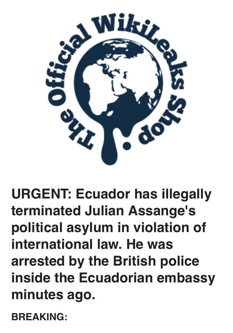 tatianaschild's tweet photo. Julian #Assange has been arrested by UK police inside the Ecuadorian embassy.

Donate:
https://t.co/kKydZd5j0t

Shop:
https://t.co/2MYZd0jfBw

New Australian Shop - now in AUD
https://t.co/WpFtmnuPKe

UK Shop - now in GBP
https://t.co/zbKL0jIk20

Via @WikiLeaksShop https://t.co/EFNgYfKin3