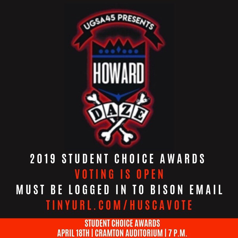 HowardUGSA's tweet photo. The time has come. Voting is open now! Log in to your Bison email and vote for YOUR favorites. Who will win? Find out April 18th at #HUSCA19 #DontComplainVote https://t.co/QvIZlLHziJ 🤩 https://t.co/VQMbDXkoGe