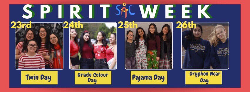 ATTENTION GRYPHONS, SPIRIT WEEK IS BACK! The Student Activity Council is excited to announce the line up of themed days from April 23rd to April 26th. Get excited Gryphons and stay tuned for further details!